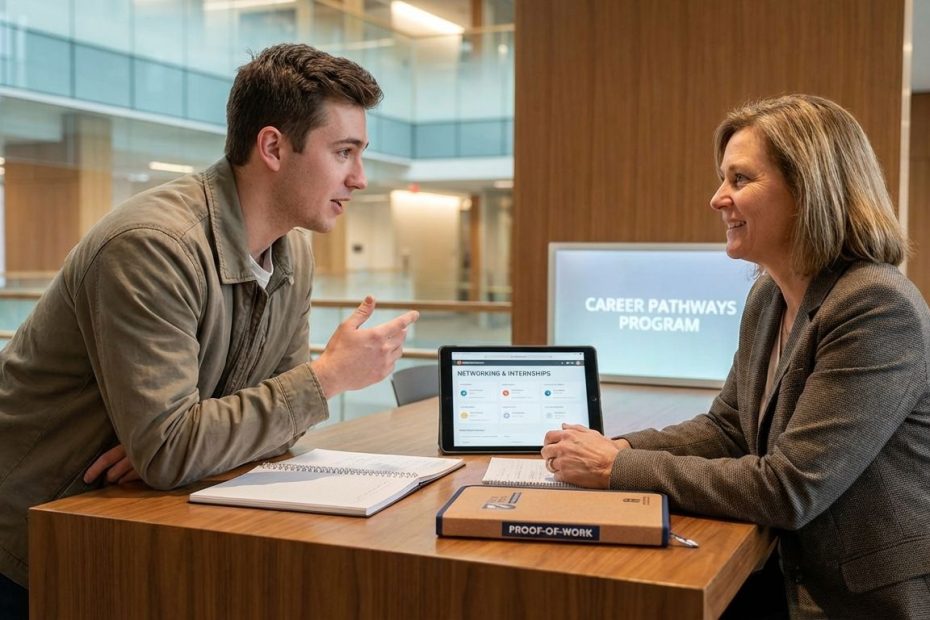 First-gen college student meeting with a mentor to plan networking and internships.