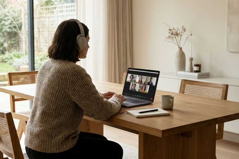 Remote professional joining a virtual networking call from a home office