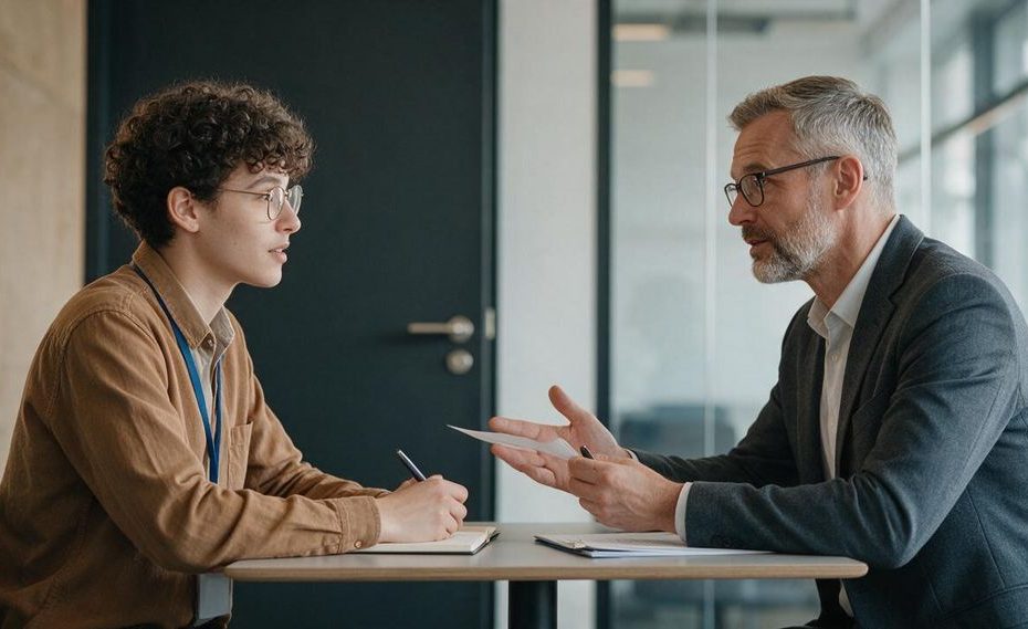 Intern discussing full-time offer goals with a manager during a workplace meeting